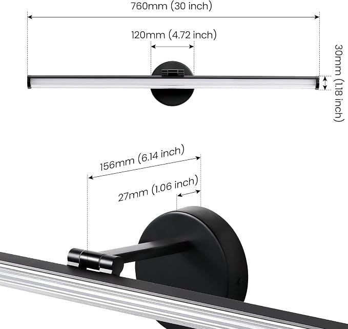 KAISITE Bathroom Vanity Light Over Mirror - 30 Inch Black Vanity Light Fixture 24W 4000K Dimmable Modern LED Vanity Lighting Fixture Rotatable Bath Vanity Light Bar for Bathroom