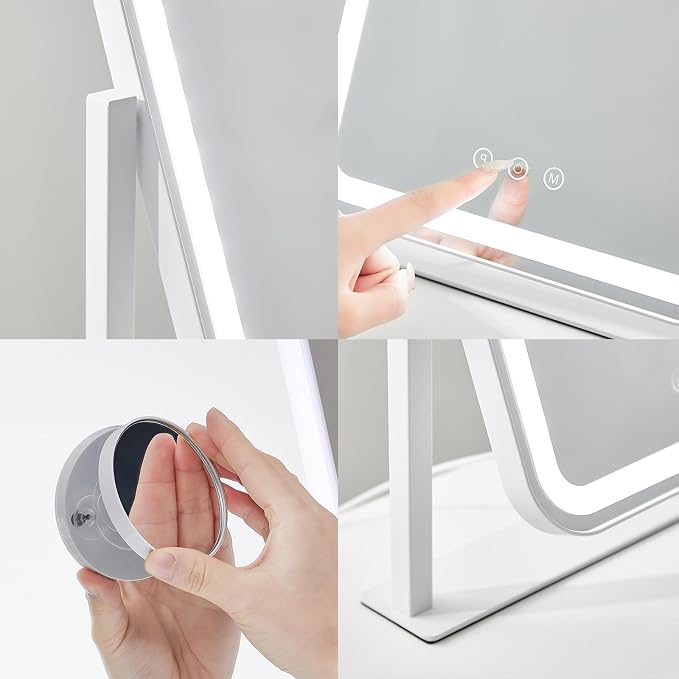 HIEEY Vanity Mirror with Lights, Three Color Lighting Modes, and 5X Magnification Mirror, Smart Touch Control, 360°Rotation (16.73" x 13.38" White,Gift Box)