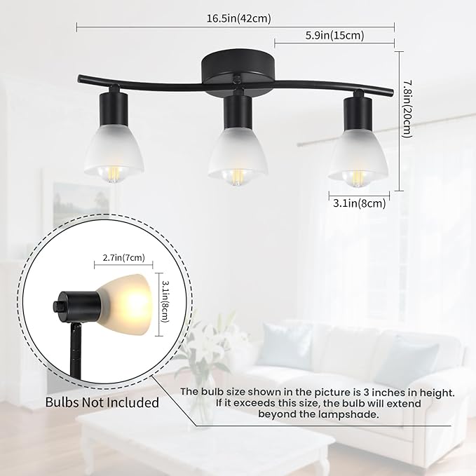 KEESFU 3 Light Track Lighting Fixtures Ceiling,Adjustable Directional Ceiling Lights with Glass Shade,Industrial Ceiling Spotlight for Kitchen Over Sink Bedroom Hallway Living Room,E12base.