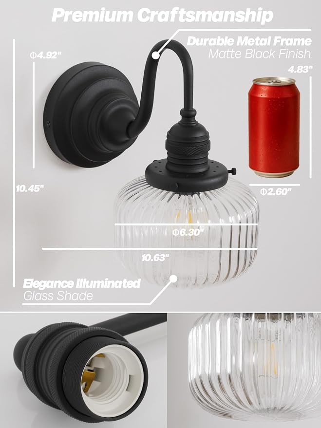 Black Wall Sconce Farmhouse Bathroom Vanity Light,Clear Glass | Bathroom Light Fixtures,Hardwired Indoor,Hand-Blown Thick Glass,for Bathroom Mirror Kitchen,E26 Socket