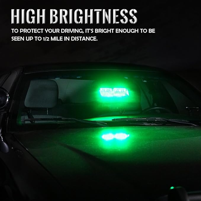 Xprite Green LED Emergency Dash Strobe Light, Interior Windshield Safety Warning Traffic Lights w/Suction Cups, 12V Windshield Visor Light Bar for Postal Law Enforcement Volunteer POV Vehicles Trucks