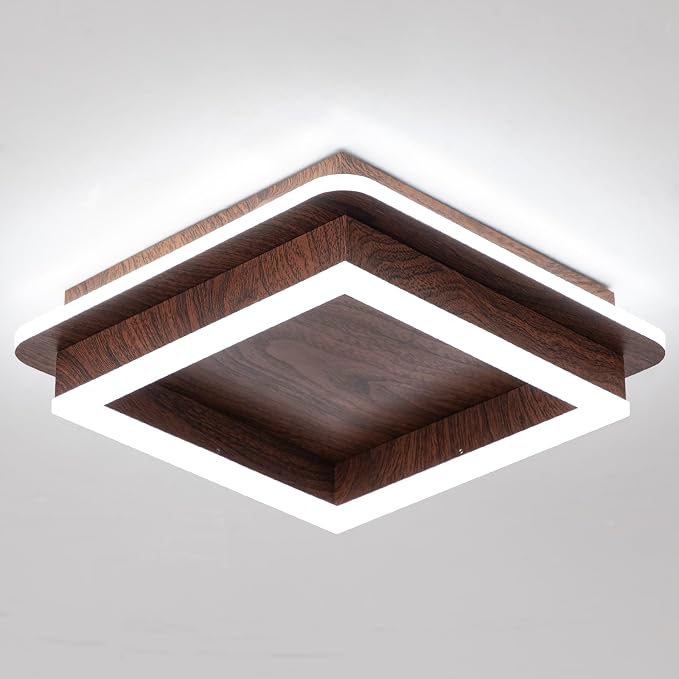 CANEOE Square Modern LED Light Fixture, 32W Flush Mount Hallway Light, 6000K Small Close to Ceiling Lamp for Living Room, Bedroom, Kitchen, Balcony, Cloakroom (Wood, 1 Pack)