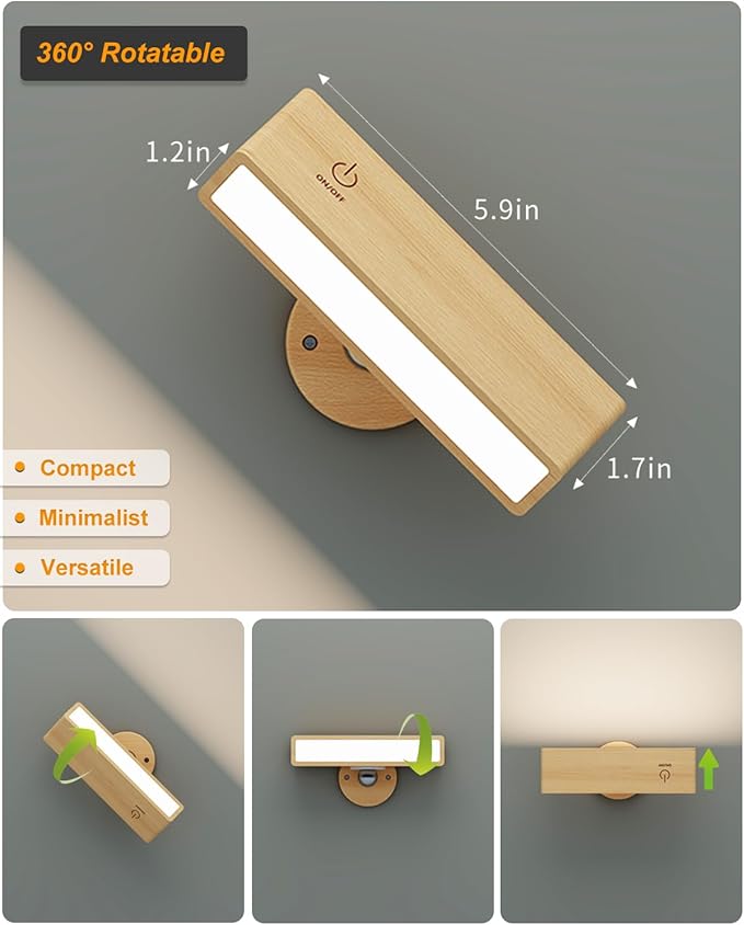 Wooden Wall Sconce Battery Operated with Remote,Rechargeable Wall Lights for Bedroom with 3 Color Temperature, Magnetic, Stick-On, Dimmable Wall Reading Lights (Beech Wood, 2Pack-Remote)
