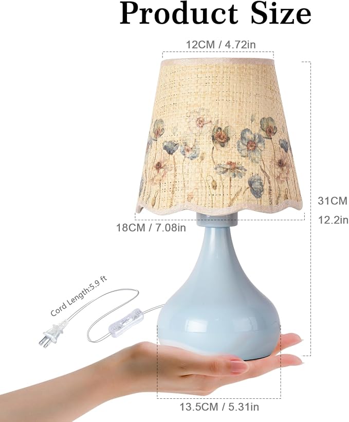 Ziqqeelam Blue Small Bedside Cute Table Lamp for Bedroom, Table Lamps for Nightstand, Scalloped Rattan Shade Table Lamps for Small Spaces for Bedroom, Home Office, Living Room