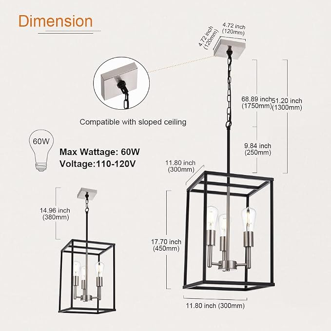 3 Lights Lantern Kitchen Island Pendant Lighting in Black and Brushed Nickel Finish, Industrial Hanging Lantern Chandelier for Dining Room Living Room Adjustable Height