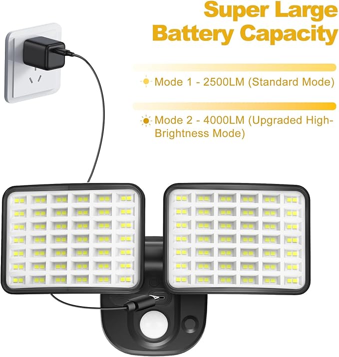 Rechargeable Battery Operated Light, 2500&4000LM Motion Sensor Security Light(1-3 Months Endurance), USB Charging LED Flood Outdoor for Garage/Yard/Entryways/Patio/Garden (2 Pack)
