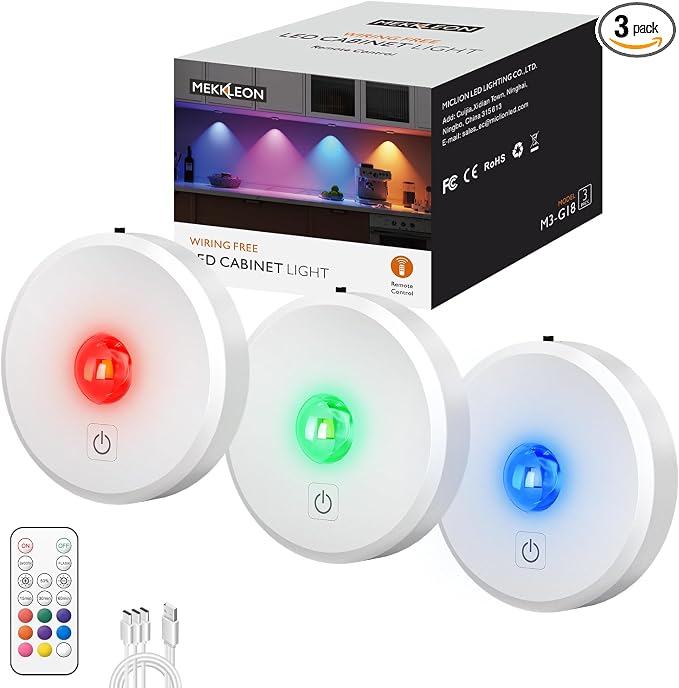 RGB Puck Lights with Remote Control,Under Cabinet Lighting,white,3 PCS | 2000mAh Battery Operated Tap Lights Rechargeable, 9 Colors & 2 Dynamic Changing, Magnetic Stick on Light for Closet