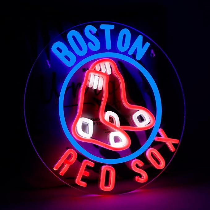 WonderfulLife Red Sox Neon Sign for Boston Baseball Team Logo,Led Neon Lights for Sports Man Cave Bar Office or Living Room Decor,Perfect Gifts for MLB Fans.