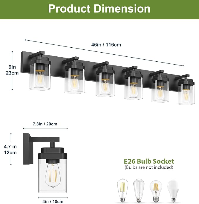 Black Bathroom Light Fixtures, 6 Lights Bathroom Lighting Fixtures Over Mirror, Square Design & Rectangle Large Backplate, Modern Vanity Lighting Fixtures, for Bathroom/Living Room/Bedroom