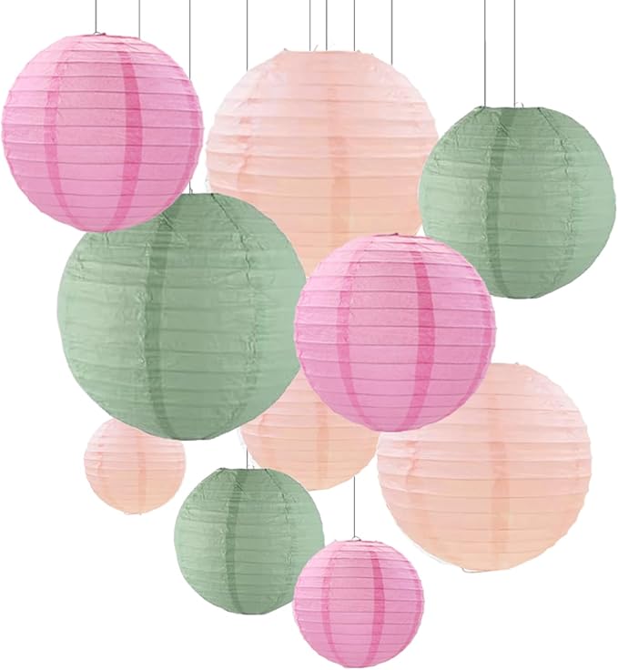 ZOOYOO 10Pcs Paper Lanterns,Sage Green Pink Round Hanging Tissue Paper Lanterns Decorations for Boho Birthday,Graduation,Garden,Summer Party Garden Home Decor