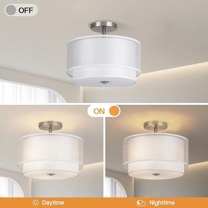 Semi Flush Mount Ceiling Light Fixture,Bedroom Ceiling Lights,12.6'' Light Fixtures Ceiling Mount,Drum Light Fixture,3-Light Modern Close to Ceiling Lamps for Living Room Dining Room Kitchen Entryway