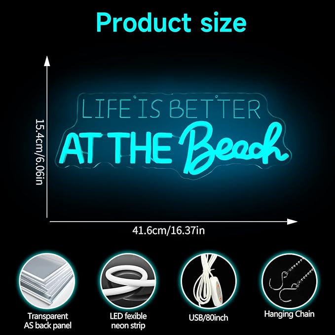 Life Is Better At The Beach Neon Sign for Coastal Wall Decor Beach Decor Led Sign Dimmable Neon Light Up Sign for Home Bathroom Coastal Wall Art Boho Surfer Theme Party Living Room