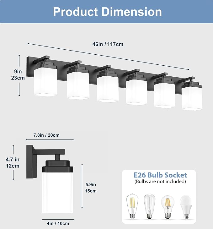 Matte Black Bathroom Light Fixtures, 6 Lights Bathroom Lighting Fixtures Over Mirror, Square Design & Rectangle Large Backplate, Modern Vanity Lighting Fixtures, for Living Room/Bedroom