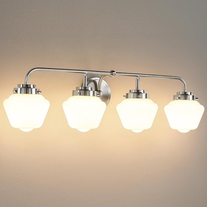 RUIYEY Bathroom Vanity Light Fixtures: 4-Lights Brushed Nickel Vintage Light Fixtures for Bathroom Above Mirror, Wall Lights Indoor with Frosted Milky Glass for Bath Bedroom