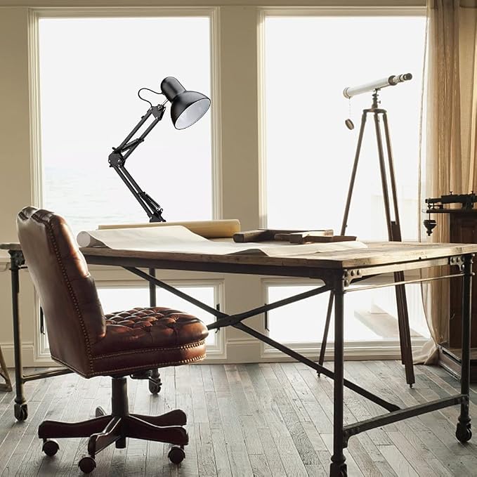 PowerKing Metal Swing Arm Desk Lamps, Adjustable Architect Lamp, Black | Metal Material, Adjustable & Flexible, Fits E26 E27 Bulbs, 2-in-1 Design, Eye-Caring Reading Light, for Home & Office