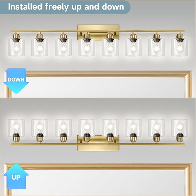 Modern Brushed Gold 8 Light Bathroom Light Fixtures, 52 inch Vanity Lights for Bathroom with Clear Glass, Bathroom Light Fixture for Mirror Kitchen Living Room Hallway Cabinet Porch