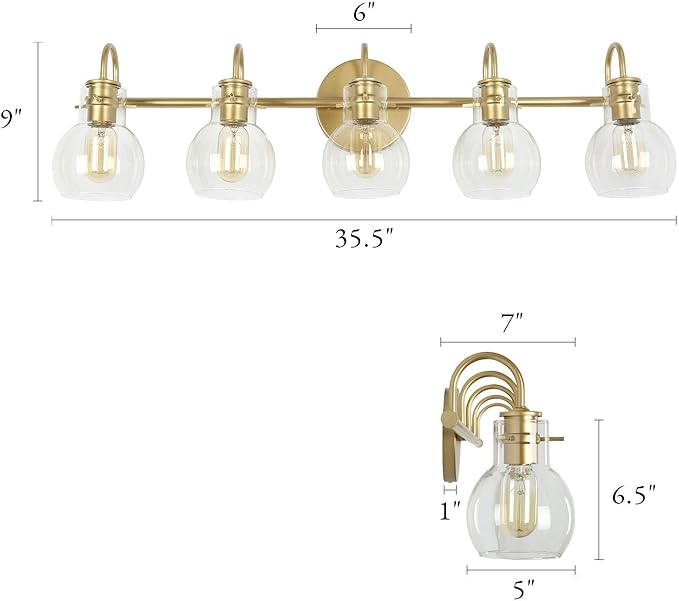 KSANA Bathroom Vanity Light, 5-Light Large Gold Wall Light Fixtures, Modern Vanity Lights Over Mirror with Globe Clear Glass Shades
