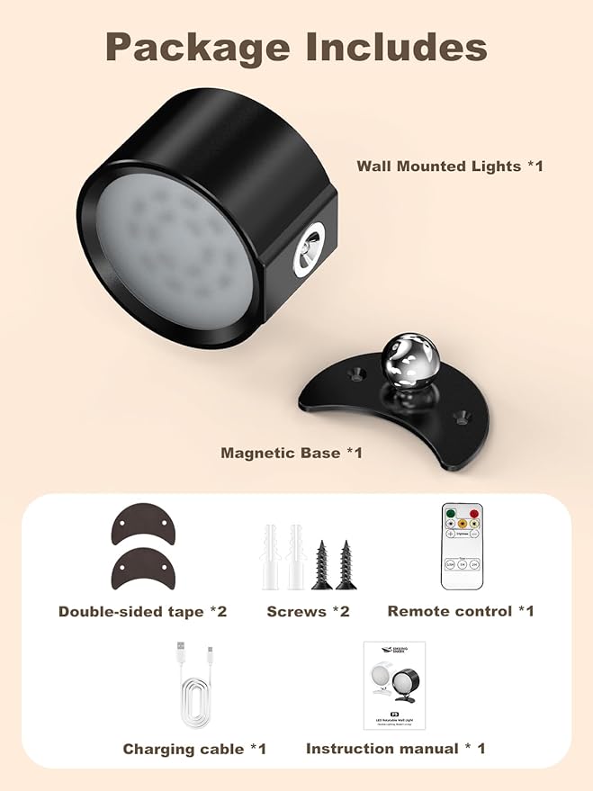 Smiling Shark Wall Light F9, Rechargeable Wall Mounted Lamp LED 3 Color & 4 Brightness Stepless Dimming 360° Rotate Magnetic Ball Cordless Wall Sconce Lamp for Bedroom Reading Bedside (1, Black)