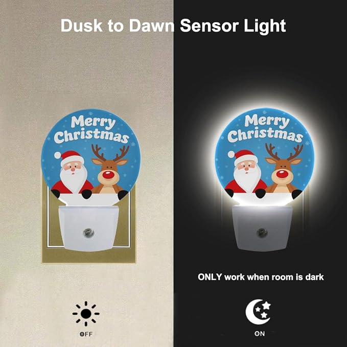 EKOBLA Santa and Reindeer Night Light, Merry Christmas Snowflake Night Lights Plug Into Wall with Auto Sensor for Holiday