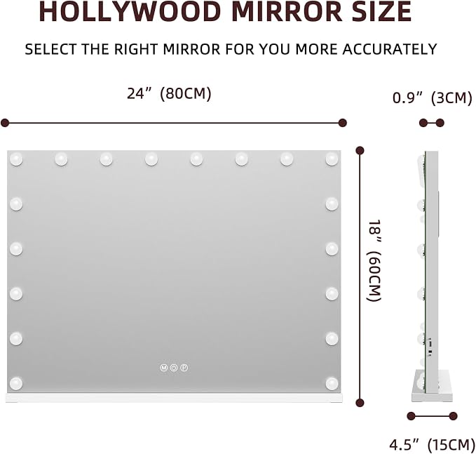 VANITII Hollywood Vanity Mirror with Lights 22.8" *31.5" USB Charging Light up Makeup Mirror with 18 LED Dimmable Bulbs 3 Color Lights Bedroom Cosmetic Mirror for Table and Wall