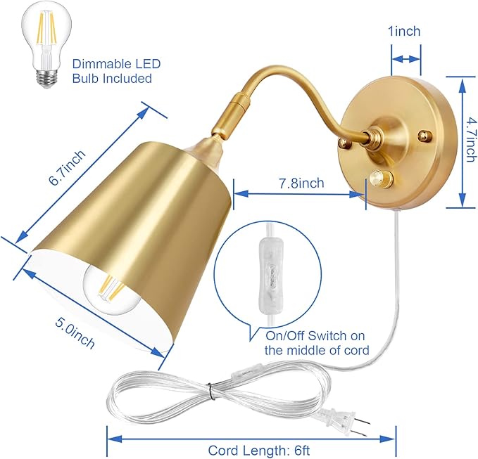 TRLIFE Wall Sconce Plug in, Dimmable Wall Sconces Adjustable Gold Wall Lights with Plug in Cord and Dimmer On/Off Knob Switch, Wall Mounted Light for Bedside Bedroom Stairway(2 Pack, 2 Bulbs Included)