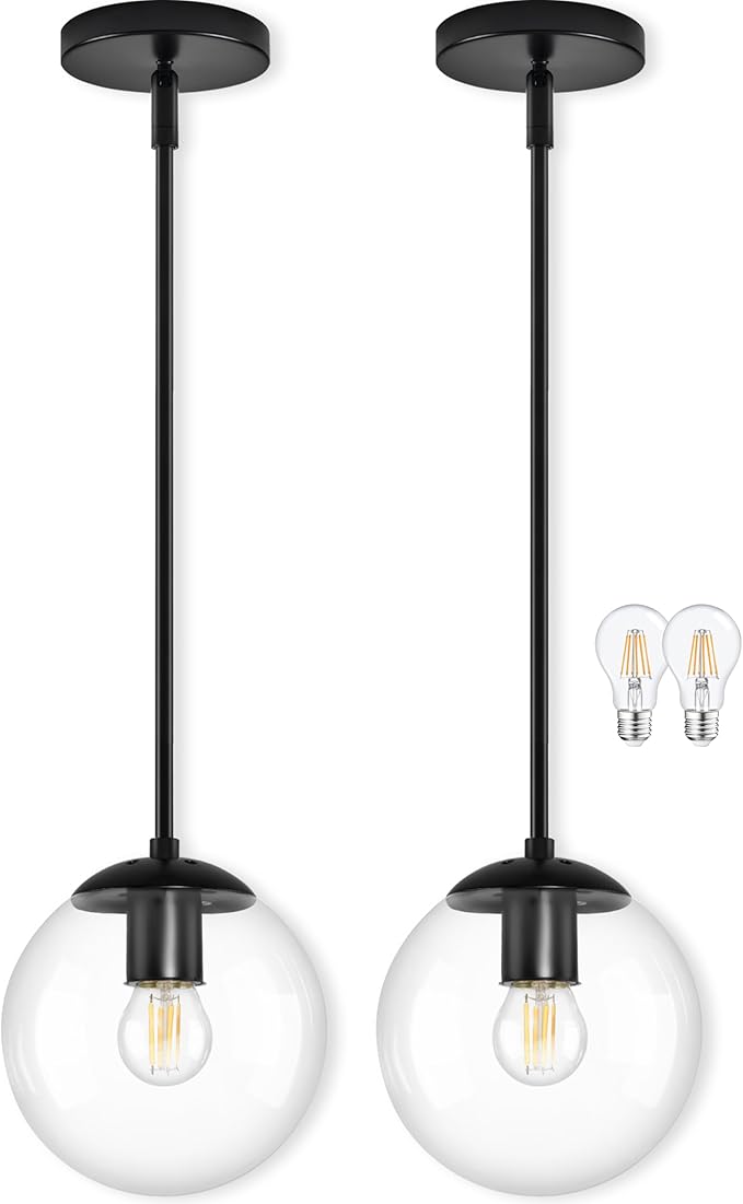 8" Globe Pendant Light Black 2 Pack Mid Century Pendant Light Globe Pendant Lights Kitchen Island Matte Black Finished with Clear Glass Adjustable Ceiling Light Fixtures for Dining Room Bar