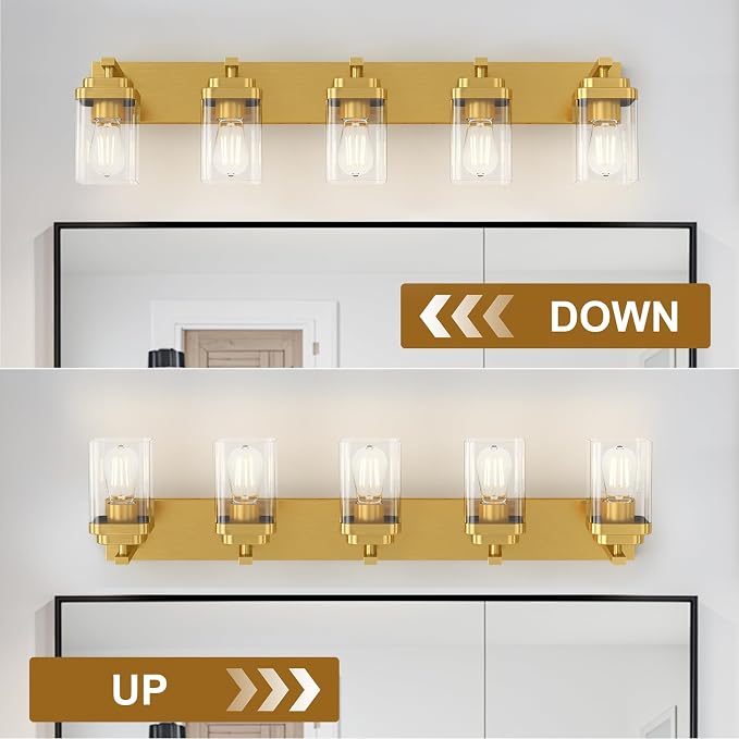 Brushed Gold Bathroom Light Fixtures, 5 Lights Bathroom Lighting Fixtures Over Mirror, Square Design & Rectangle Large Backplate, Modern Vanity Lighting Fixtures, for Living Room/Bedroom
