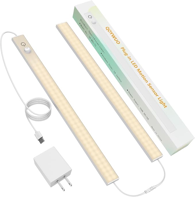 USB Plug-in Motion Sensor Light, Night/Day/ON Modes, Bright&Dimmable | 2-Row LED, 14" Under Cabinet Lighting Indoor for Kitchen, Cabinet, Closet - 3000K Warm White, 2-Bar Linkable