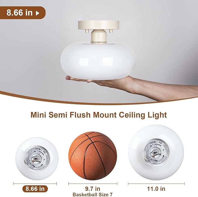 WOKNOS Mid-Century Modern Cream White Semi Flush Ceiling Light 8.66 Inch | Mini White Glass Shade Close to Ceiling Lighting Fixture For Kitchen Entryway Hallway Bathroom Closet Bedroom Laundry Room