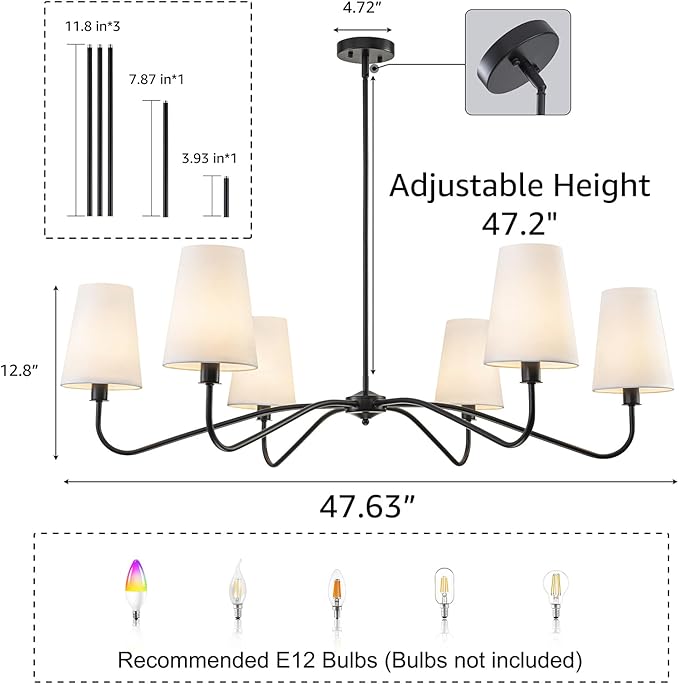 47'' Modern Chandelier with Shades, Farmhouse Chandeliers for Dining Room Light Fixture, 6-Light Large Black Chandelier, Height Adjustable Traditional Chandeliers for Living Room Kitchen E12 Base