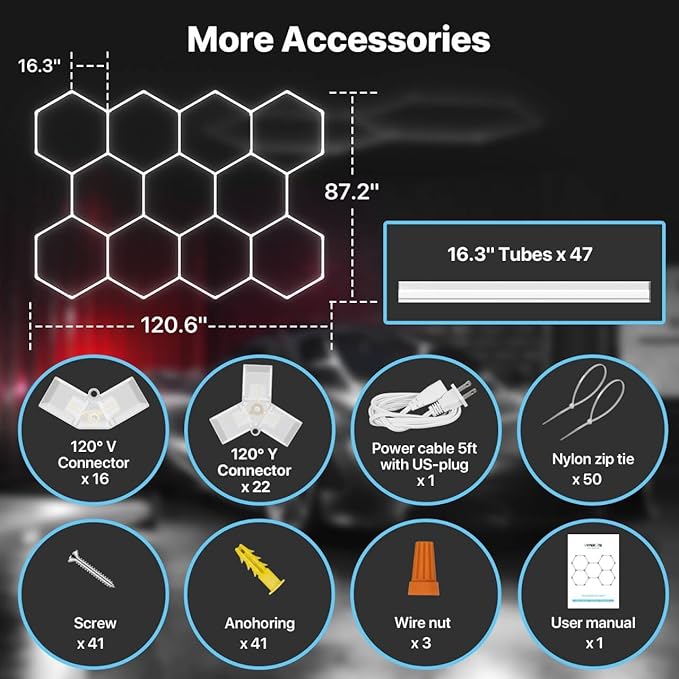 HYPERLITE Gen 2 Hexagon Garage LED Light, Upgraded 3 Level Dimmable 322W 32200LM Super Bright Garage Detailing Lights, 11 Grids Hex Shop Lights, Hexagon LED Lights for Basement, Gym, Shop