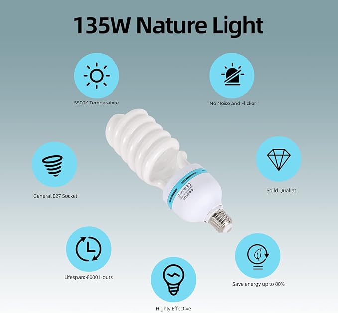 135W Light Bulb 5500K CFL Daylight Spiral Softbox Bulb in E27 Socket for Photography Photo Video Studio Lighting White 1 Pack