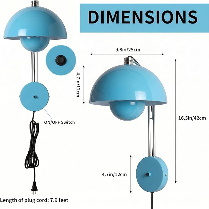 COSYLUX Mid-Century Modern Bud Plug in Wall Sconces for Bedroom, Turquoise | Indirect lighting reading wall lamp, all-metal construction, plug-in or hardwired install, fits bedroom bedside, living room