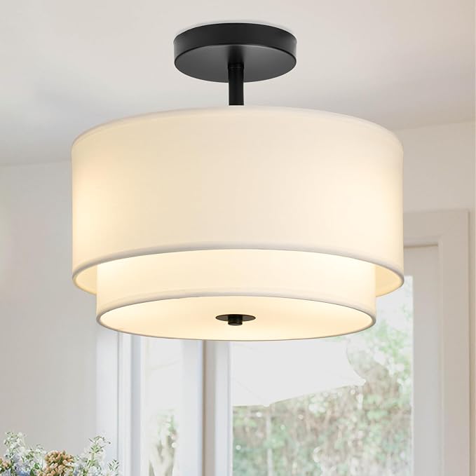 Vexagyle 3-Light Semi Flush Mount Ceiling Light Fixture,12.6inch Modern Close to Ceiling Light with 2-Layer White Drum Fabric Shade,Entryway Light Fixture Ceiling Mount Lamps for Bedroom Dining Room