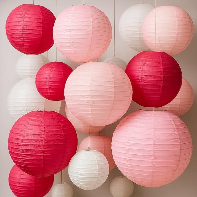16 Pcs Paper Lanterns Hanging Round Pink Paper Lantern Decorative 6" 8” 10”12" Four Colors Chinese Lanterns for Birthday Wedding Party Decoration Baby Showers Valentine Indoor Outdoor