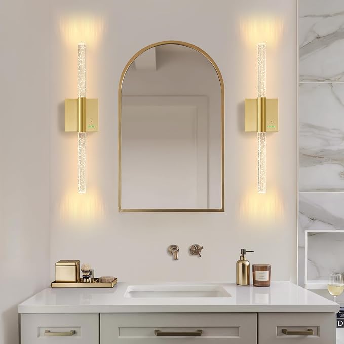 28” Wall Sconces Set of 2, Rechargeable Battery Powered Wall Light | Extra Large 8000mAh Battery Operated Dimmable Led Lamp Fixtures with No Hardwired, for Bathroom Cabinet Study Room, Gold