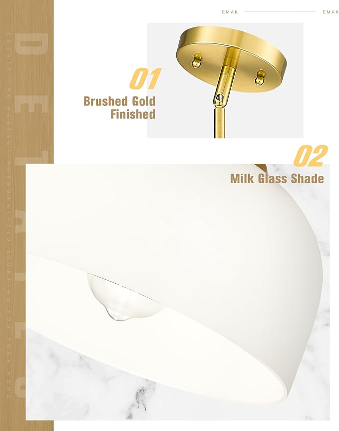 Emak Brushed Gold Pendant Lights Kitchen Island, 10 Inch Large Milk Glass Pendant Light Fixtures, Modern Hanging Lights for Kitchen Island, Dining Room, Bedroom, Bathroom, PL131-BGD-ML