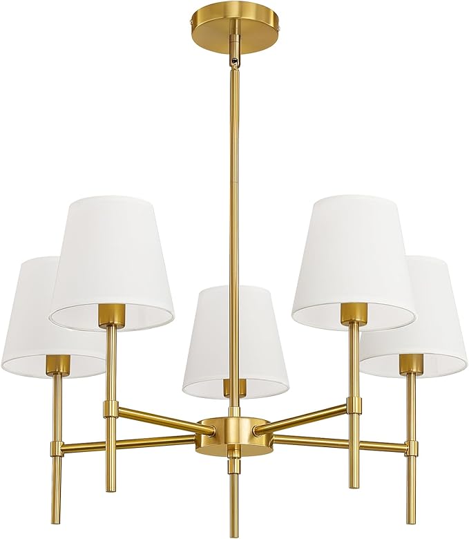 Dining Room Chandeliers Light - 5-Light Gold Modern Chandeliers Light Fixtures with White Fabric Shade, Height Adjustable Pendant Island Light for Entryway Farmhouse