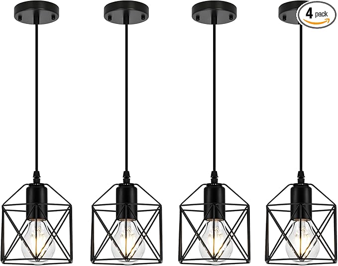1-Light Hanging Pendant Light Fixture, Black Pendant Lights Kitchen Island, Farmhouse Pendant Lighting with Bedroom Dining Room, E26 Base, Bulbs Not Included, 4 Packs