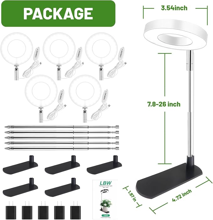 LBW Grow Lights for Indoor Plants, Full Spectrum Halo Grow Light with Base | 48 LEDs Plant Lamp for Small Plant, Base/Soil Stake, 7.8-26" Adjustable, 6/8/12/16H Timer, 3 Color Mode, 5 Brightness, 5 pack