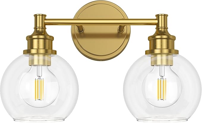 Bathroom Light Fixtures, 2-Light Brushed Gold Vanity Light Globe Glass Shades, Bathroom Lighting Fixtures Over Mirror, Wall Sconces for Master Bathroom, Guest Bathroom, Powder Room, 14-inch