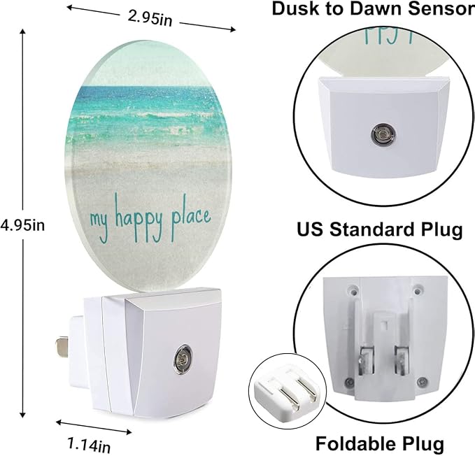 Nightlight Summer Beach Sand Seaside Night Lights Plug into Wall Dusk to Dawn Sensor Sea Waves Round Night Light for Adults Boys Girls, 0.5W Energy Efficient