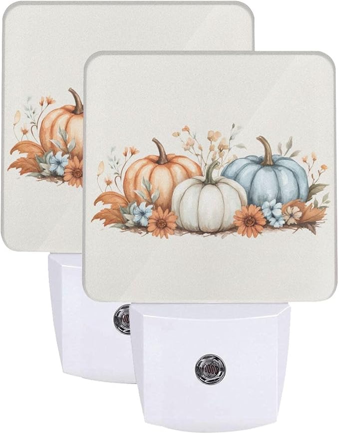 Pumpkins with Sunflowers Maple LED Plug-in Night Light 2-Pack, Auto Sensor Nightlights Set of 2 for Bedroom Bathroom Hallway