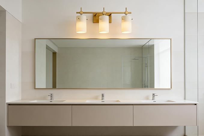 SOLFART 3-Light Bathroom Vanity Light, Modern Brushed Gold Wall Lights with Milky White Glass Shades, Bathroom Wall Sconce Lamp for Mirror Living Room Bedroom Hallway (Bulbs Not Included)