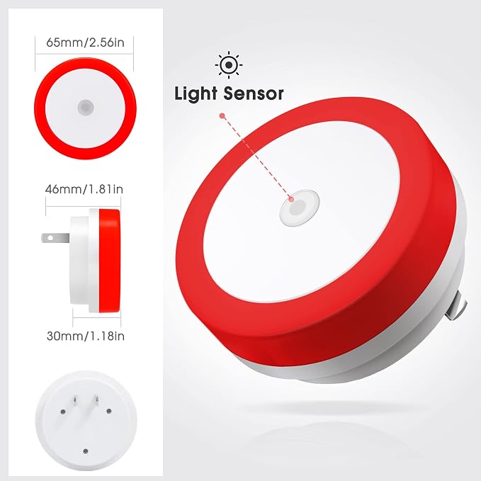 Night Lights Plug into Wall Red Night Light Dusk to Dawn Sensor | 4 Pack 60 Lumens, 0.6W, ABS Plastic, Perfect for Bedroom, Hallway, Bathroom, Kitchen, Stairway, Nursery