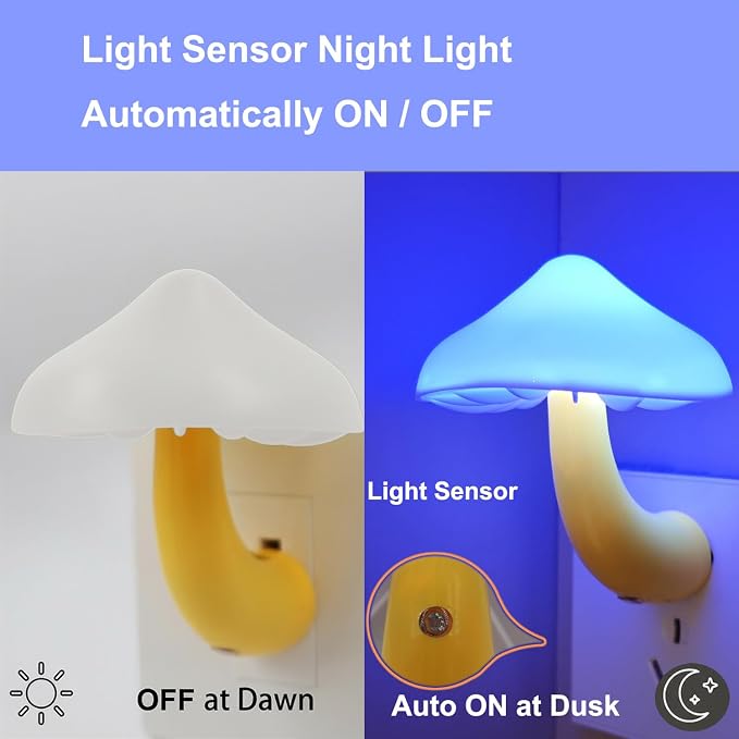 LED Mushroom Night Light Plug in Lamp, Light Sensor Night Lights Plug into Wall, Dusk to Dawn Sensor Night Light for Adults Kids Room Bedroom Bathroom Hallway Kitchen (4, Blue)