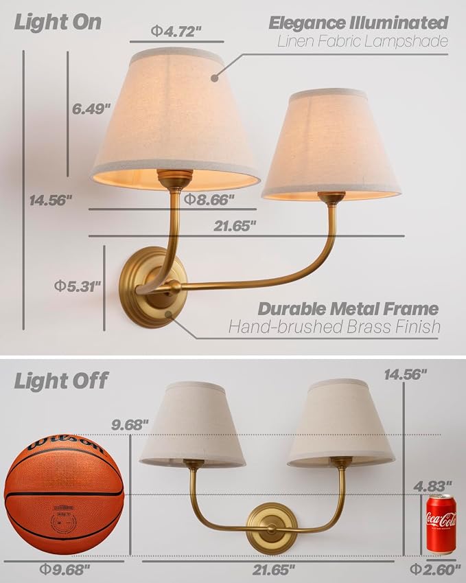 Vintage 2-Lights Fabric Sconces Wall Lighting with 8.66" Diam Linen Cloth Shade, Double Arm Wall Lamp Fixture for Living Room Bathroom Bedroom Hallway