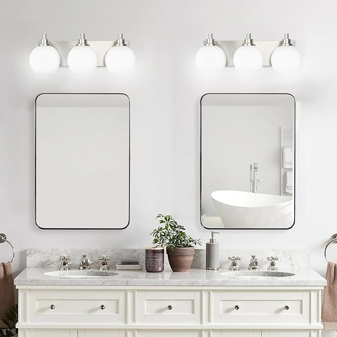 IZORRO Bathroom Light Fixtures, 3-Light Brushed Nickel Vanity Light, Modern Wall Sconces with Globe Milk White Glass Shade, Vanity Lighting Fixtures Over Mirror,E26 Bulb Socket
