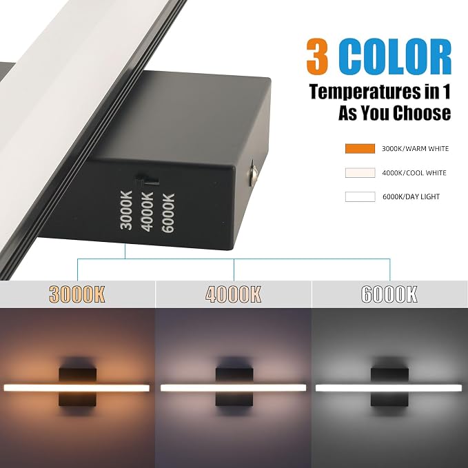 24 Inch LED Bathroom Vanity Light, 3-Color Selectable 3000K-6000K, IP44 Waterproof Wall Sconce for Makeup Mirror, Modern Black Vanity Lighting for Bathroom & Bedroom