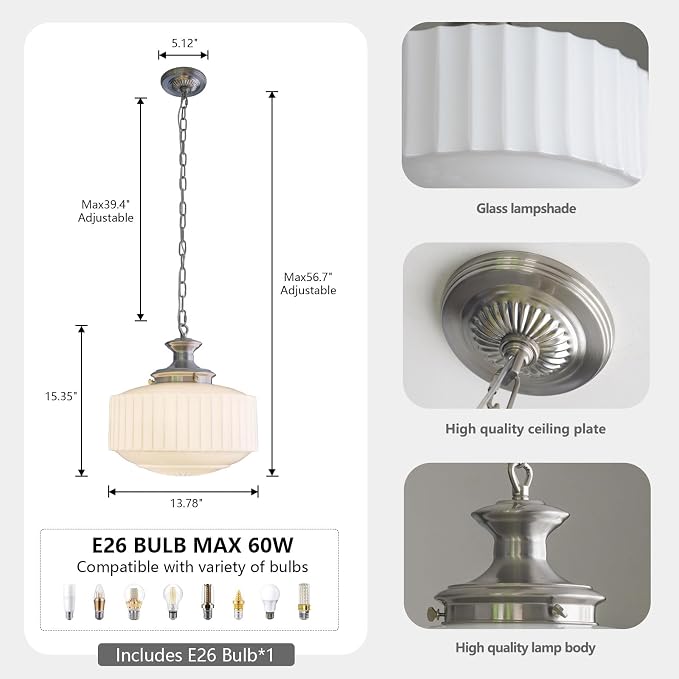 Vintage Milk Glass Pendant Lights, 13.8" White Pleated Glass Chandelier, Schoolhouse Antique Pendant Lights, for Kitchen Island Lighting, Hallway, Bedroom, Dining Room, Foyer, E26 Bulb Included
